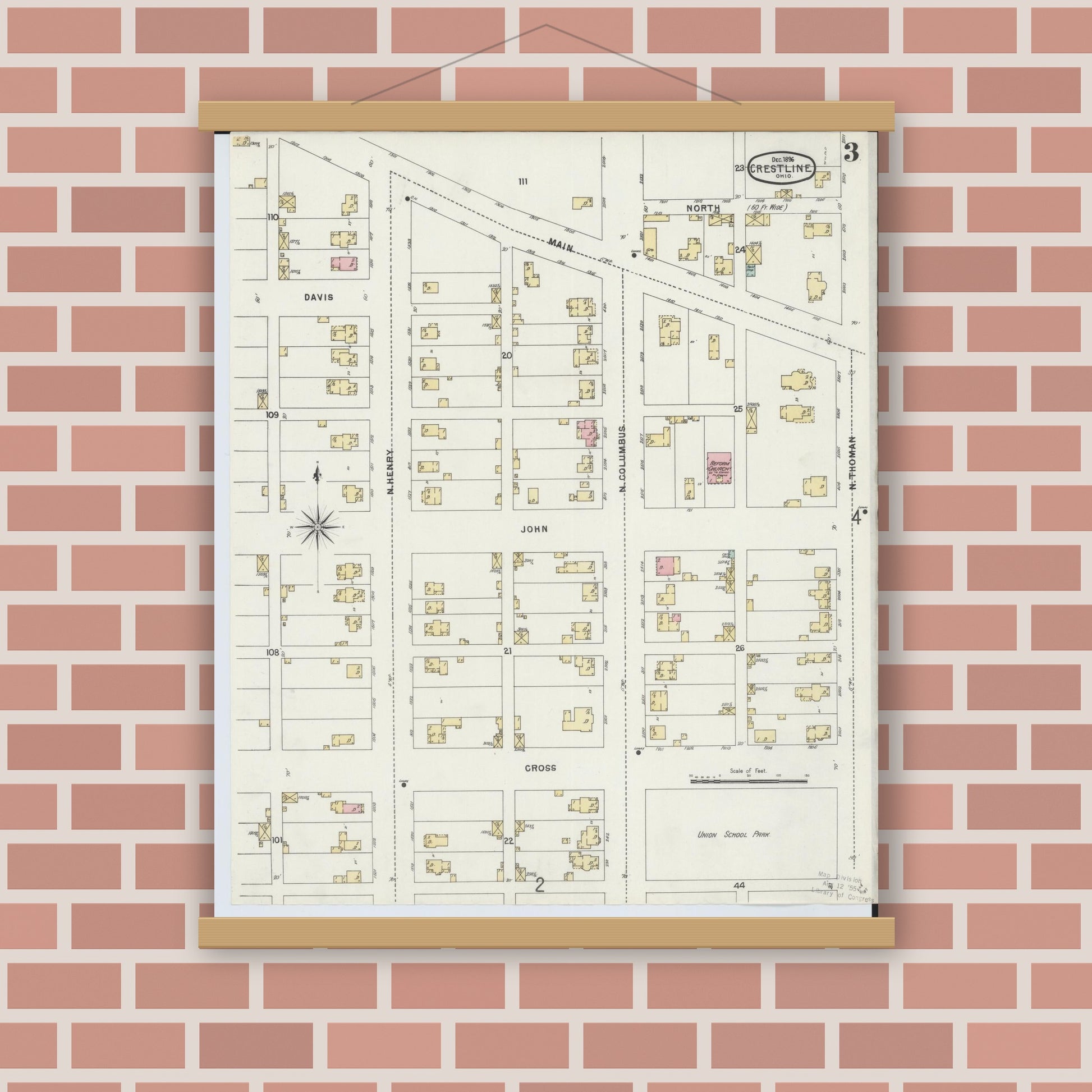 Old map wall art mockup — magnetic wood frame on brick wall — Sanborn Fire Insurance Map from Crestline, Crawford County, Ohio (1896), Sheet #0003