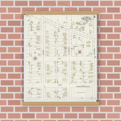 Old map wall art mockup — magnetic wood frame on brick wall — Sanborn Fire Insurance Map from Crestline, Crawford County, Ohio (1896), Sheet #0003