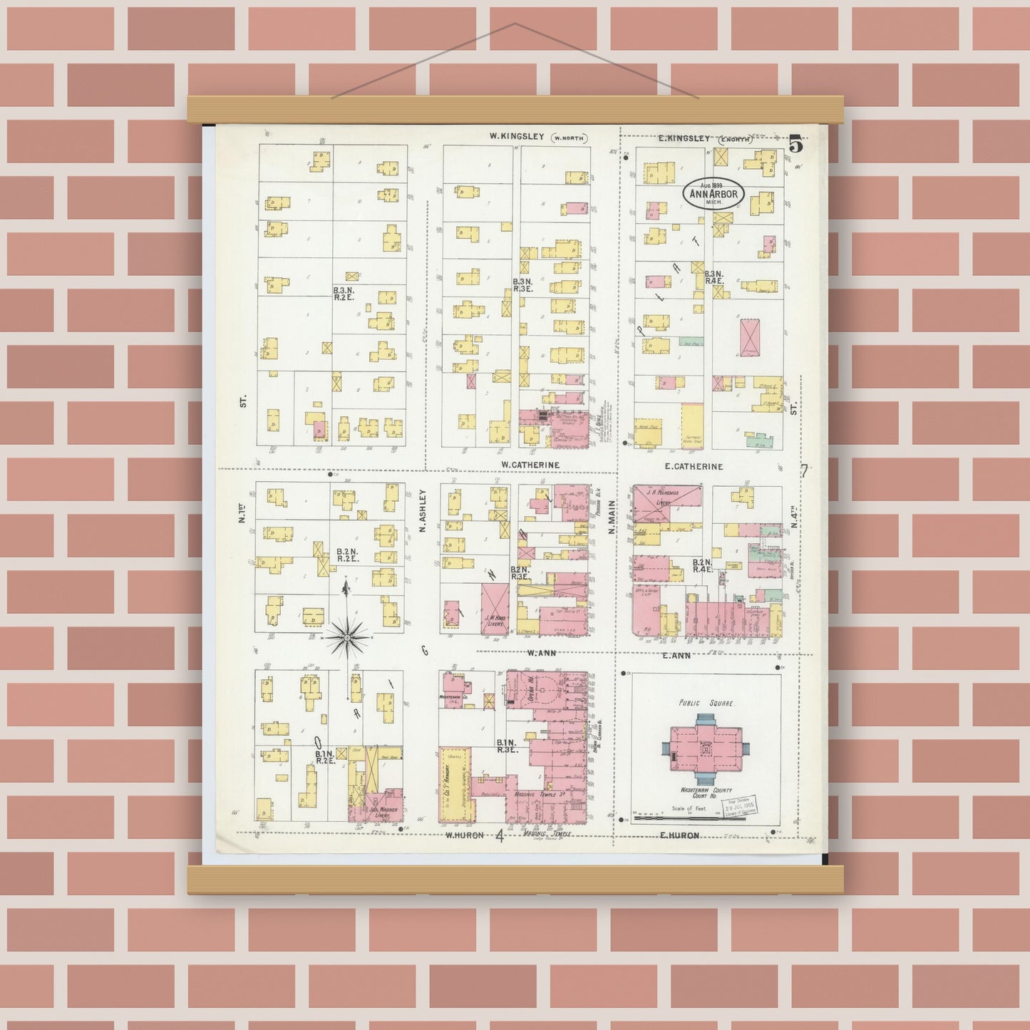 Old map wall art mockup — magnetic wood frame on brick wall — Sanborn Fire Insurance Map from Ann Arbor, Washtenaw County, Michigan (1899), Sheet #0005
