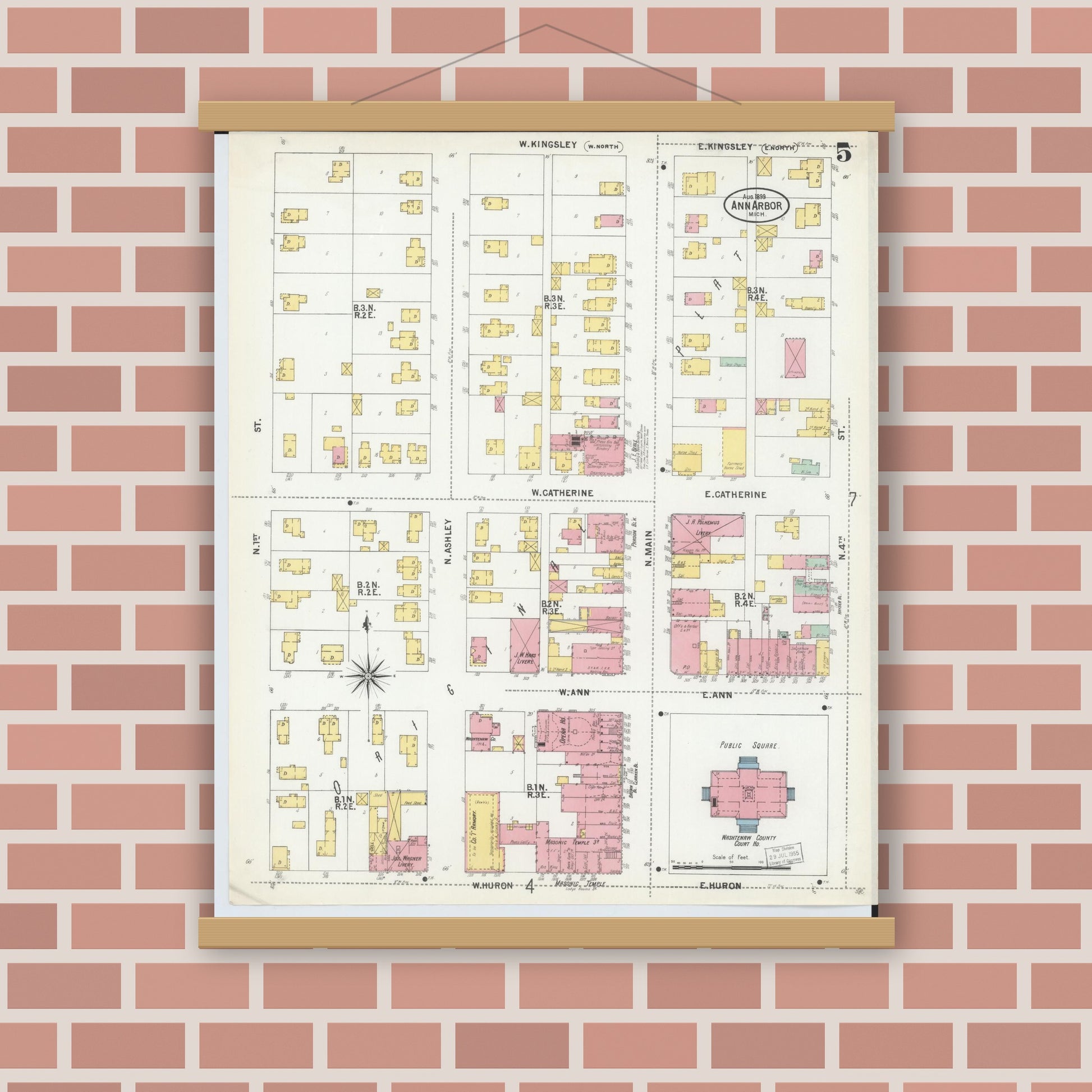 Old map wall art mockup — magnetic wood frame on brick wall — Sanborn Fire Insurance Map from Ann Arbor, Washtenaw County, Michigan (1899), Sheet #0005