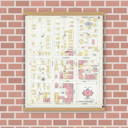 Old map wall art mockup — magnetic wood frame on brick wall — Sanborn Fire Insurance Map from Ann Arbor, Washtenaw County, Michigan (1899), Sheet #0005