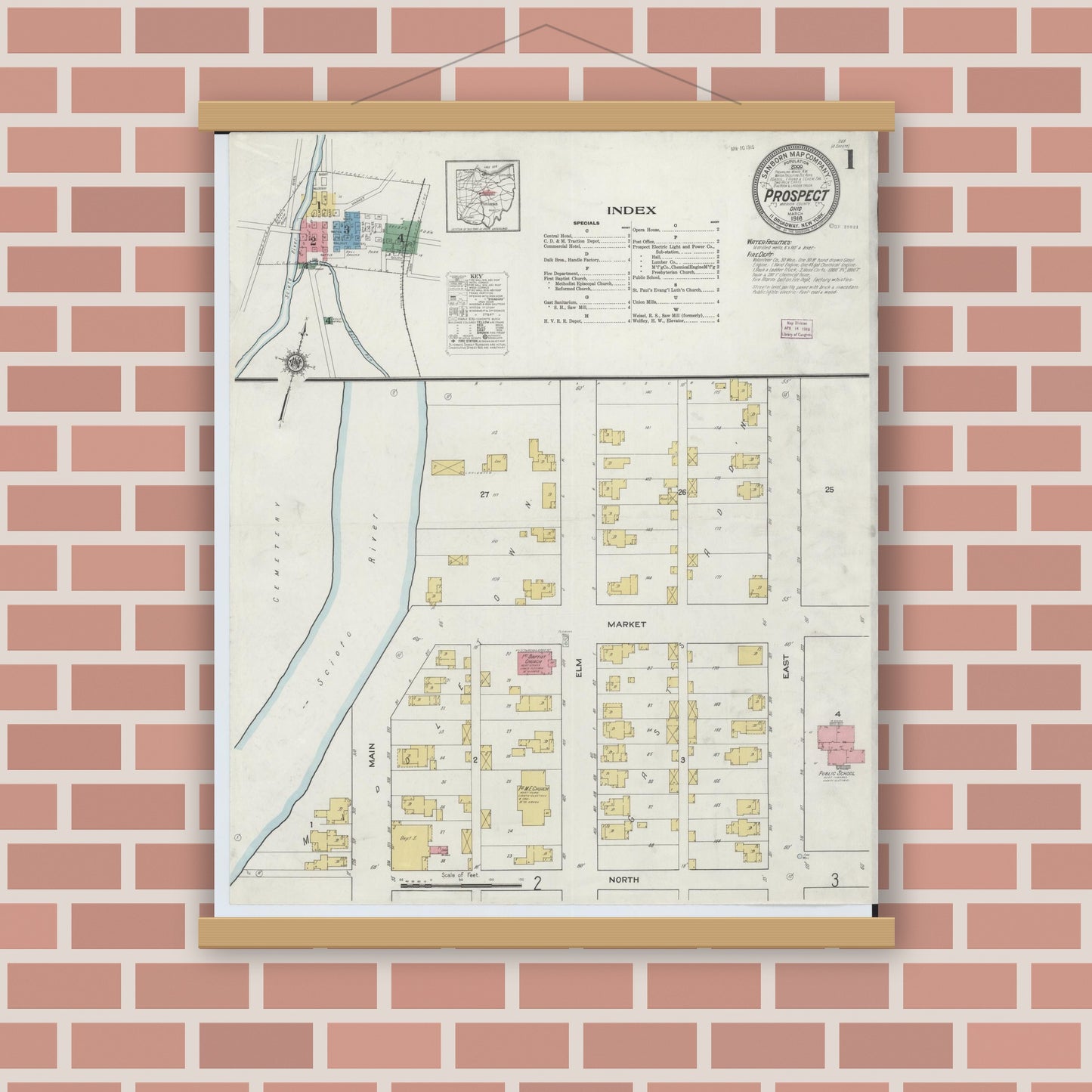 Old map wall art mockup — magnetic wood frame on brick wall — Sanborn Fire Insurance Map from Prospect, Marion County, Ohio (1916) - Complete Map Set