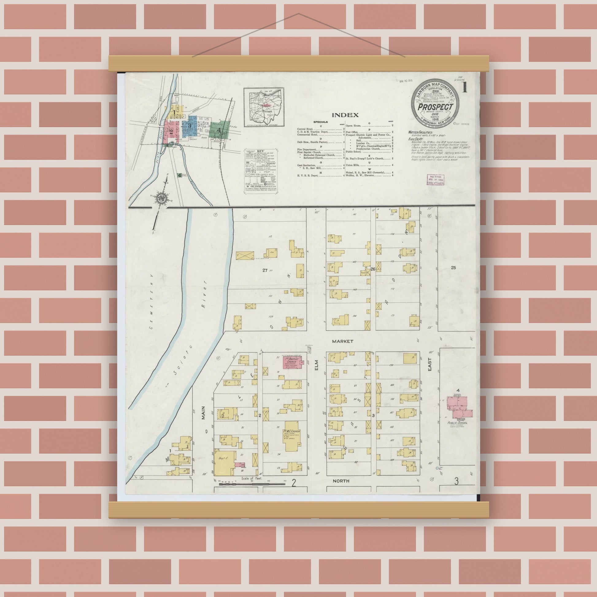 Old map wall art mockup — magnetic wood frame on brick wall — Sanborn Fire Insurance Map from Prospect, Marion County, Ohio (1916) - Complete Map Set