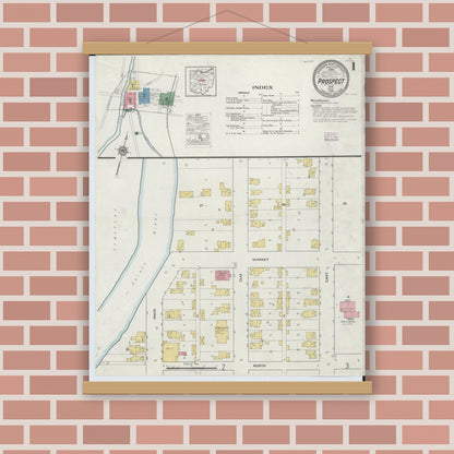 Old map wall art mockup — magnetic wood frame on brick wall — Sanborn Fire Insurance Map from Prospect, Marion County, Ohio (1916) - Complete Map Set
