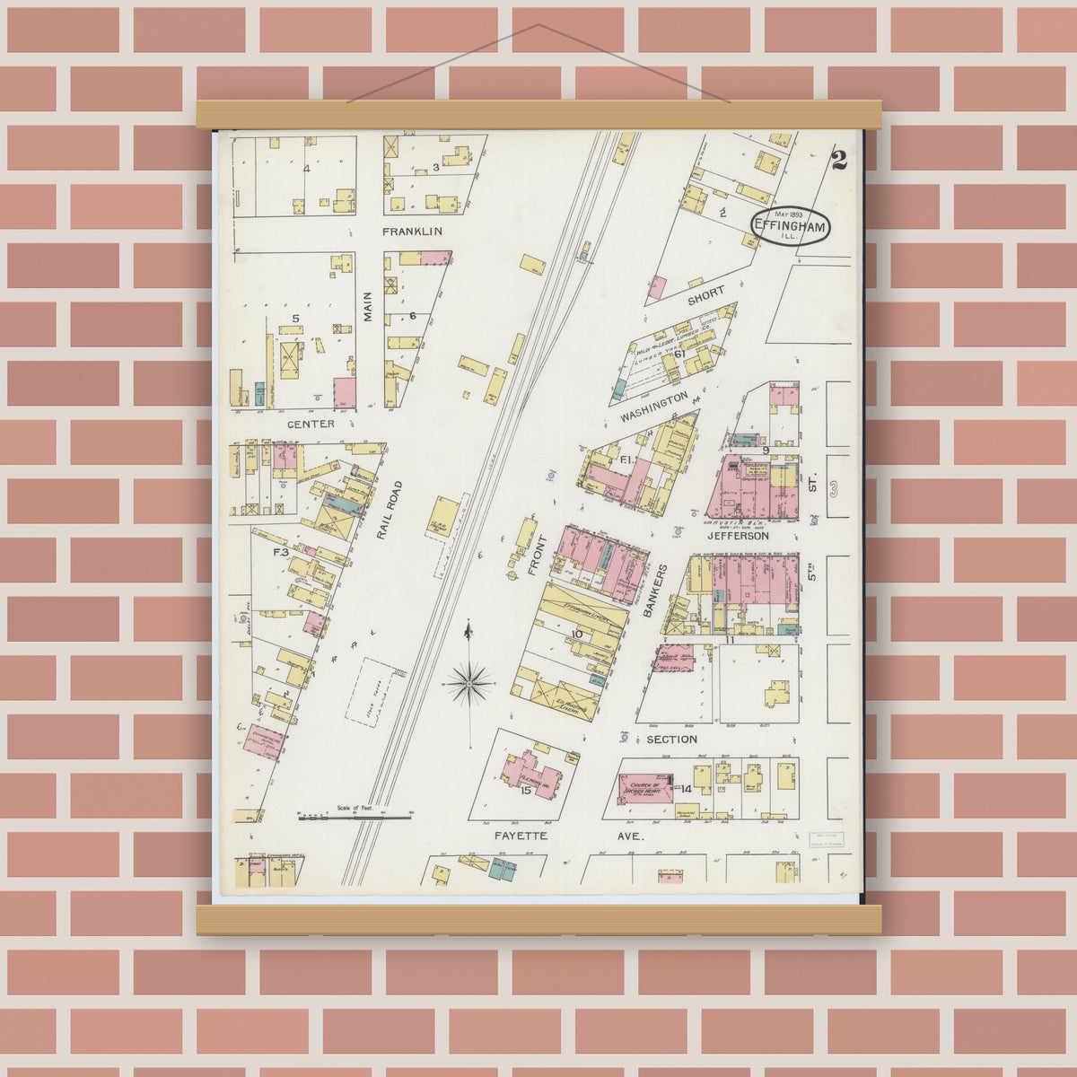 Old map wall art mockup — magnetic wood frame on brick wall — Sanborn Fire Insurance Map from Effingham, Effingham County, Illinois (1893), Sheet #0002
