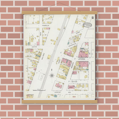Old map wall art mockup — magnetic wood frame on brick wall — Sanborn Fire Insurance Map from Effingham, Effingham County, Illinois (1893), Sheet #0002