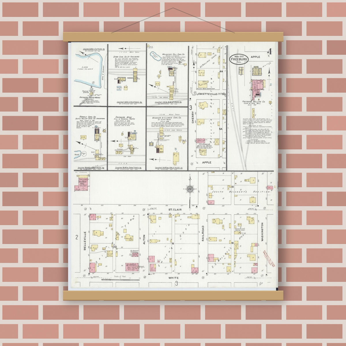 Old map wall art mockup — magnetic wood frame on brick wall — Sanborn Fire Insurance Map from Freeburg, Saint Clair County, Illinois (1910), Sheet #0004