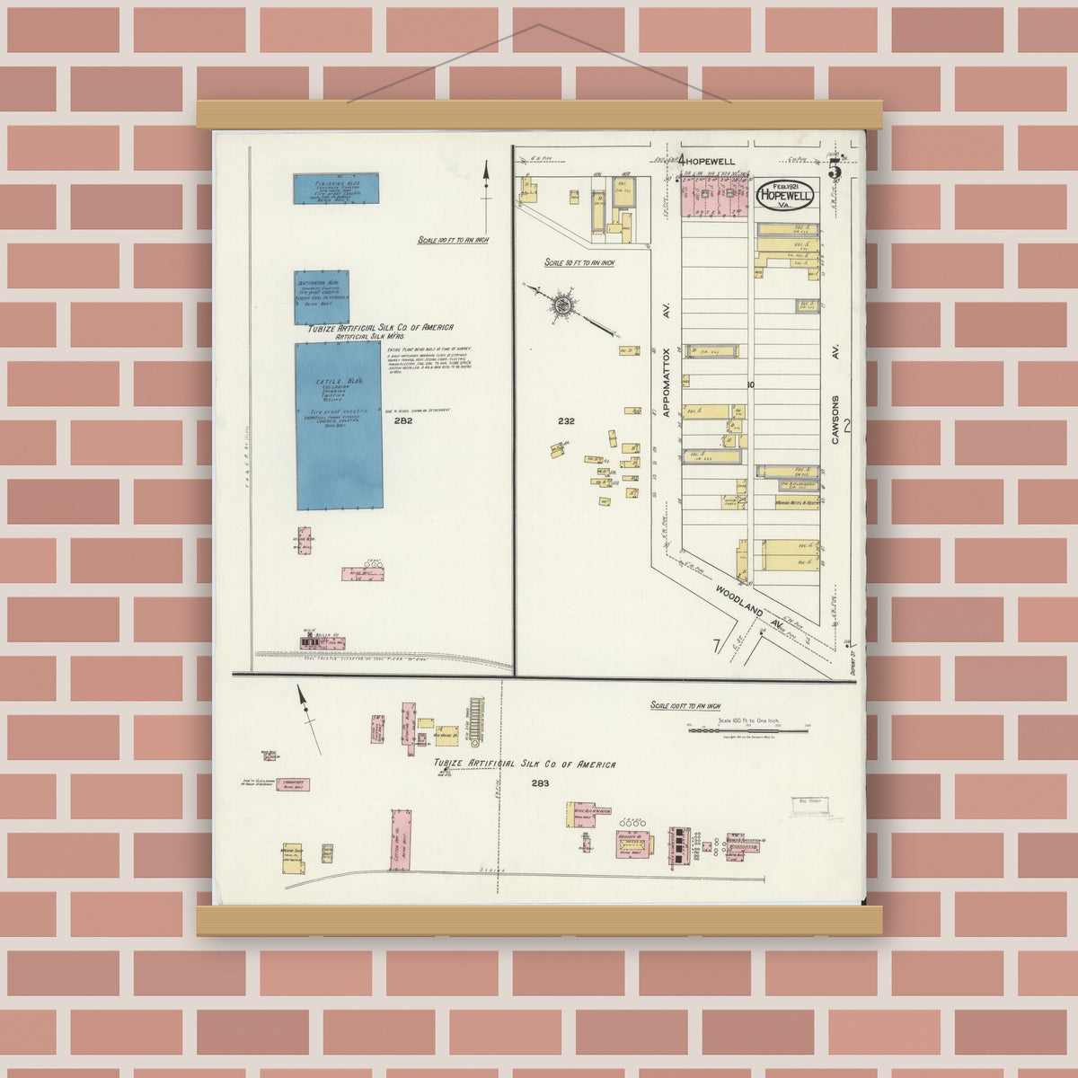 Old map wall art mockup — magnetic wood frame on brick wall — Sanborn Fire Insurance Map from Hopewell, Independent Cities, Virginia (1921), Sheet #0005