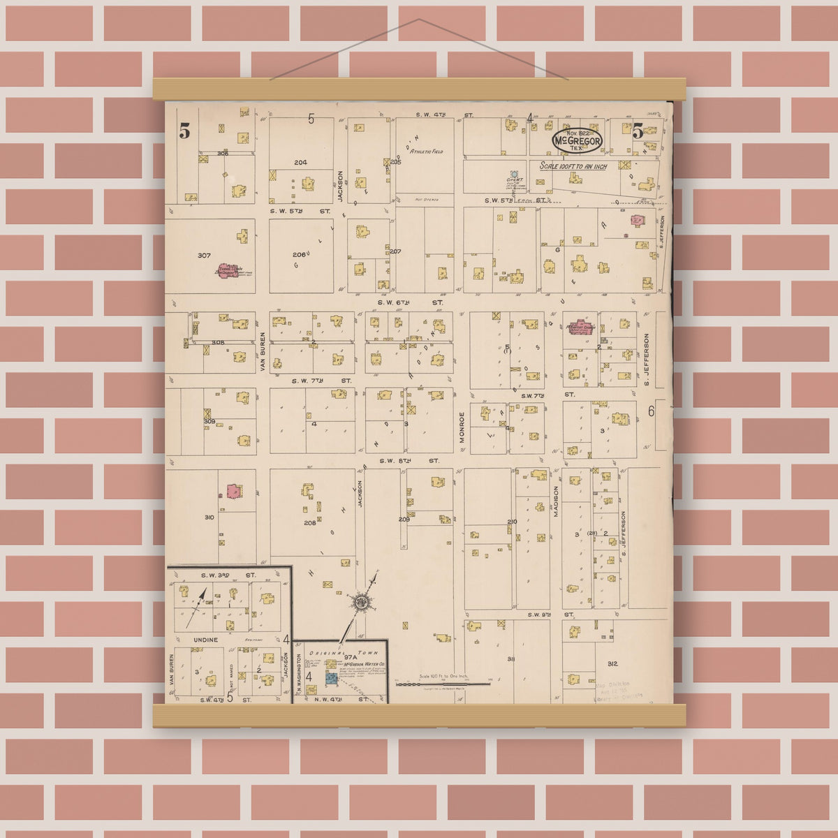 Old map wall art mockup — magnetic wood frame on brick wall — Sanborn Fire Insurance Map from McGregor, McLennan County, Texas (1922), Sheet #0005