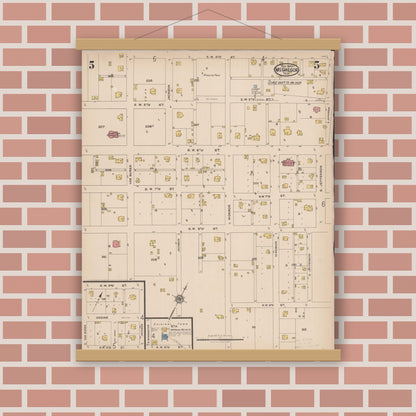 Old map wall art mockup — magnetic wood frame on brick wall — Sanborn Fire Insurance Map from McGregor, McLennan County, Texas (1922), Sheet #0005