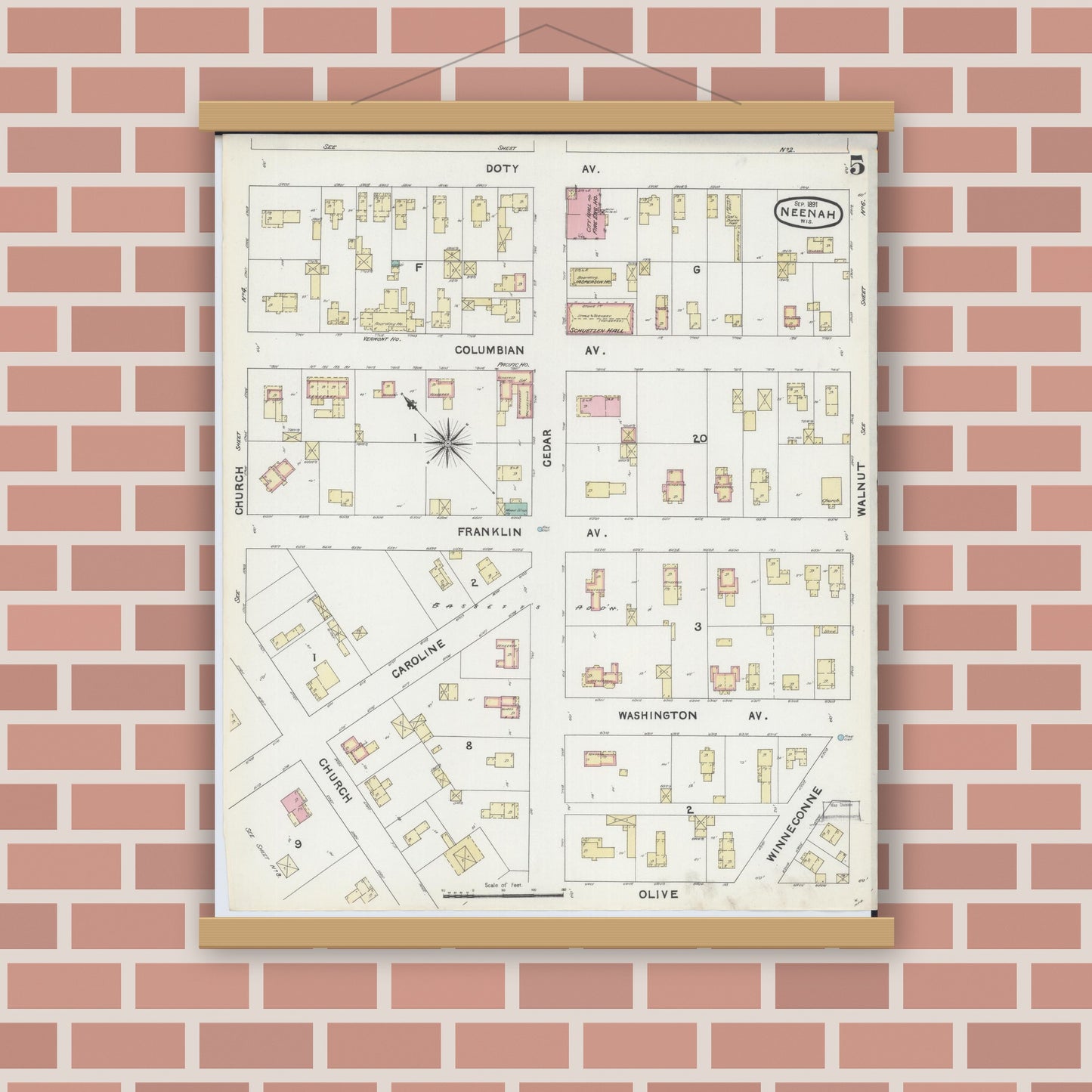 Old map wall art mockup — magnetic wood frame on brick wall — Sanborn Fire Insurance Map from Neenah, Winnebago County, Wisconsin (1891), Sheet #0005