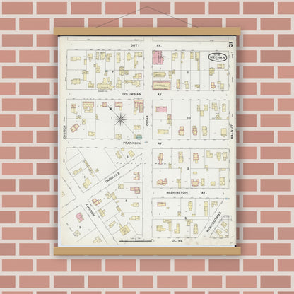 Old map wall art mockup — magnetic wood frame on brick wall — Sanborn Fire Insurance Map from Neenah, Winnebago County, Wisconsin (1891), Sheet #0005