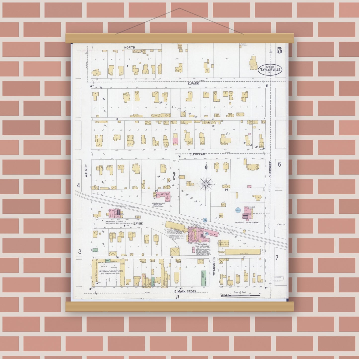 Old map wall art mockup — magnetic wood frame on brick wall — Sanborn Fire Insurance Map from Taylorville, Christian County, Illinois (1899), Sheet #0005
