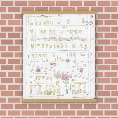 Old map wall art mockup — magnetic wood frame on brick wall — Sanborn Fire Insurance Map from Taylorville, Christian County, Illinois (1899), Sheet #0005