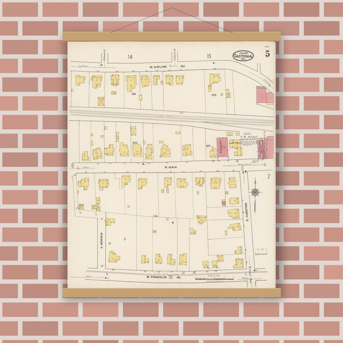 Old map wall art mockup — magnetic wood frame on brick wall — Sanborn Fire Insurance Map from Gastonia, Gaston County, North Carolina (1922), Sheet #0005