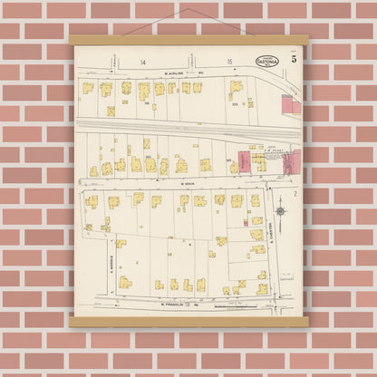 Old map wall art mockup — magnetic wood frame on brick wall — Sanborn Fire Insurance Map from Gastonia, Gaston County, North Carolina (1922), Sheet #0005
