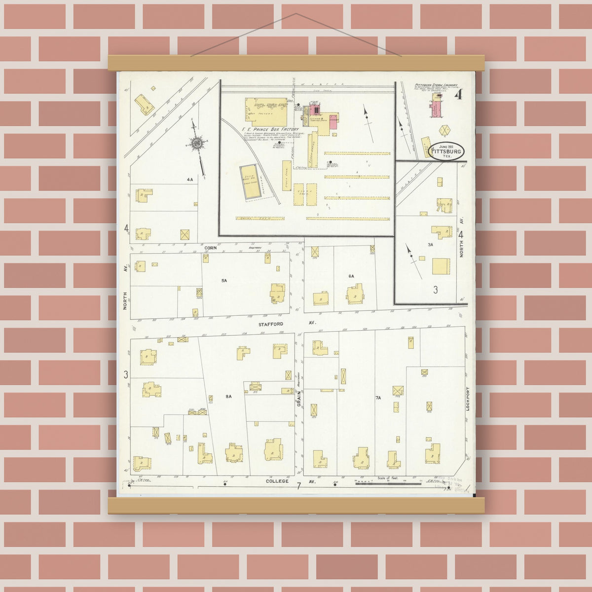 Old map wall art mockup — magnetic wood frame on brick wall — Sanborn Fire Insurance Map from Pittsburg, Camp County, Texas (1911), Sheet #0004