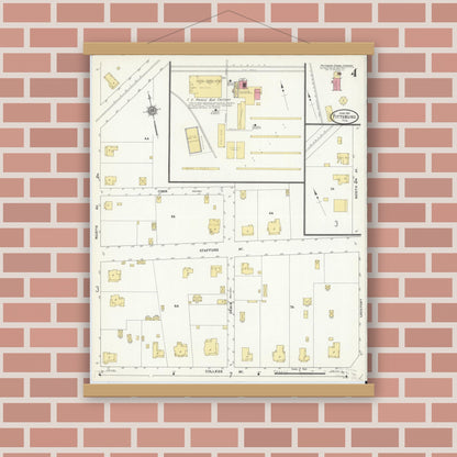 Old map wall art mockup — magnetic wood frame on brick wall — Sanborn Fire Insurance Map from Pittsburg, Camp County, Texas (1911), Sheet #0004