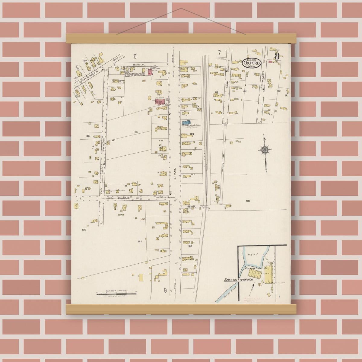 Old map wall art mockup — magnetic wood frame on brick wall — Sanborn Fire Insurance Map from Oxford, Worcester County, Massachusetts (1922), Sheet #0008