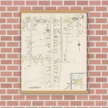 Old map wall art mockup — magnetic wood frame on brick wall — Sanborn Fire Insurance Map from Oxford, Worcester County, Massachusetts (1922), Sheet #0008