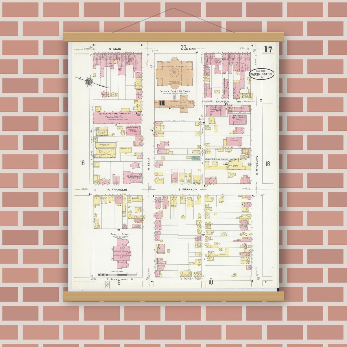 Old map wall art mockup — magnetic wood frame on brick wall — Sanborn Fire Insurance Map from Washington, Washington County, Pennsylvania (1909), Sheet #0017