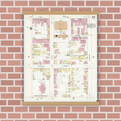 Old map wall art mockup — magnetic wood frame on brick wall — Sanborn Fire Insurance Map from Washington, Washington County, Pennsylvania (1909), Sheet #0017