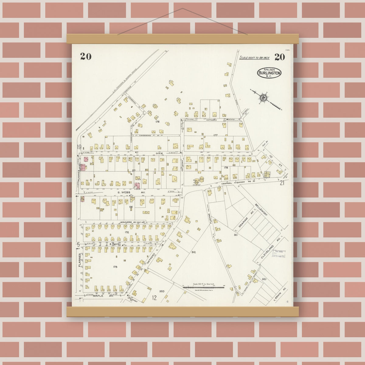 Old map wall art mockup — magnetic wood frame on brick wall — Sanborn Fire Insurance Map from Burlington, Alamance County, North Carolina (1924), Sheet #0020