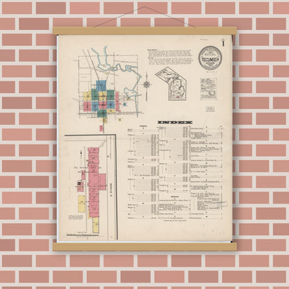 Old map wall art mockup — magnetic wood frame on brick wall — Sanborn Fire Insurance Map from Tecumseh, Lenawee County, Michigan (1922) - Complete Map Set