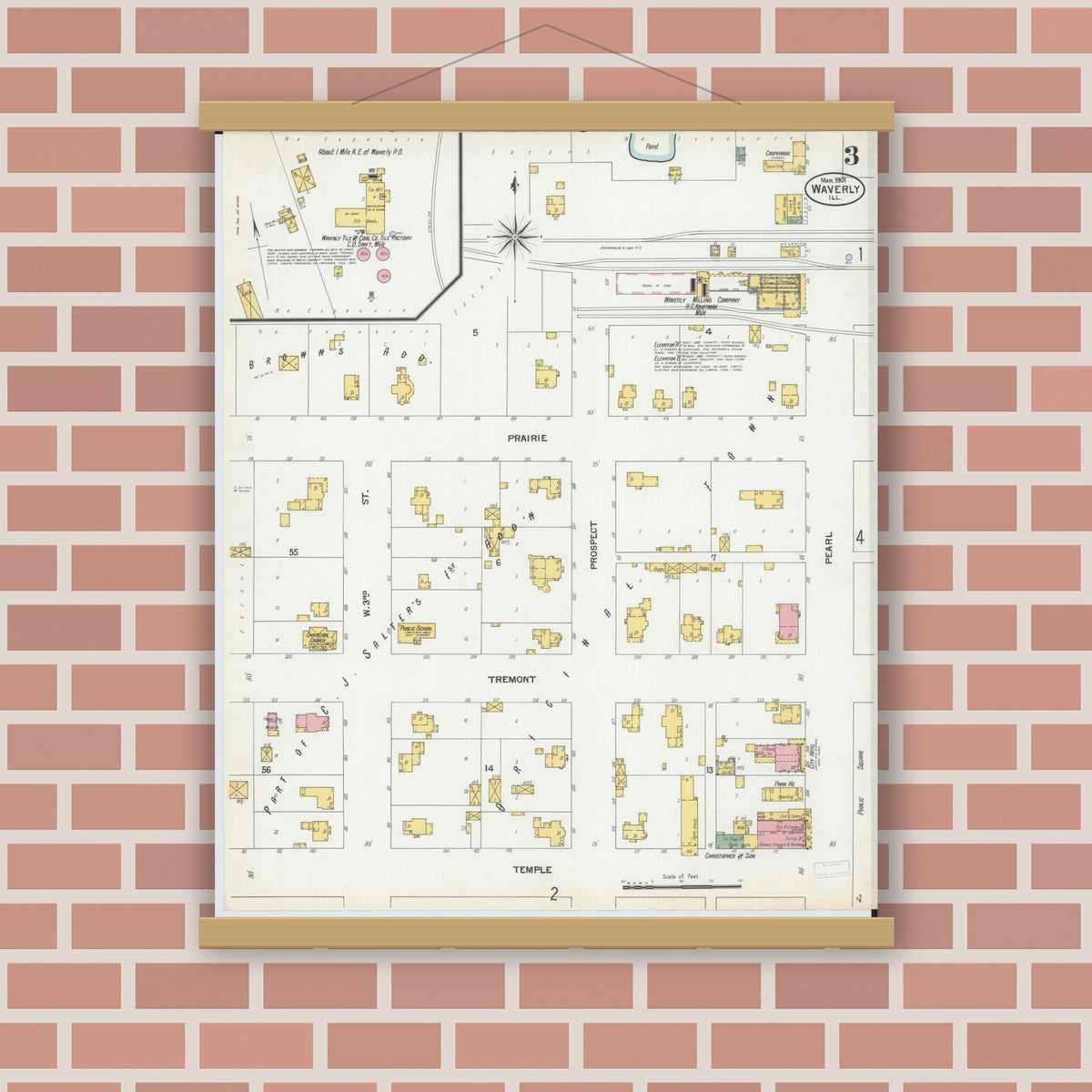 Old map wall art mockup — magnetic wood frame on brick wall — Sanborn Fire Insurance Map from Waverly, Morgan County, Illinois (1901), Sheet #0003