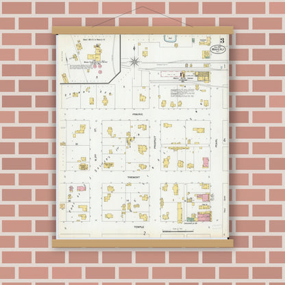 Old map wall art mockup — magnetic wood frame on brick wall — Sanborn Fire Insurance Map from Waverly, Morgan County, Illinois (1901), Sheet #0003