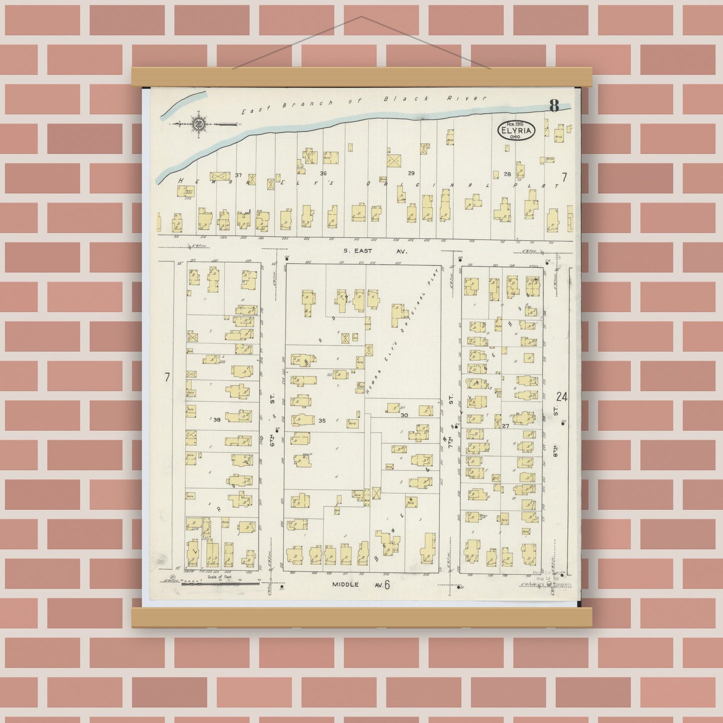 Old map wall art mockup — magnetic wood frame on brick wall — Sanborn Fire Insurance Map from Elyria, Lorain County, Ohio (1915), Sheet #0008