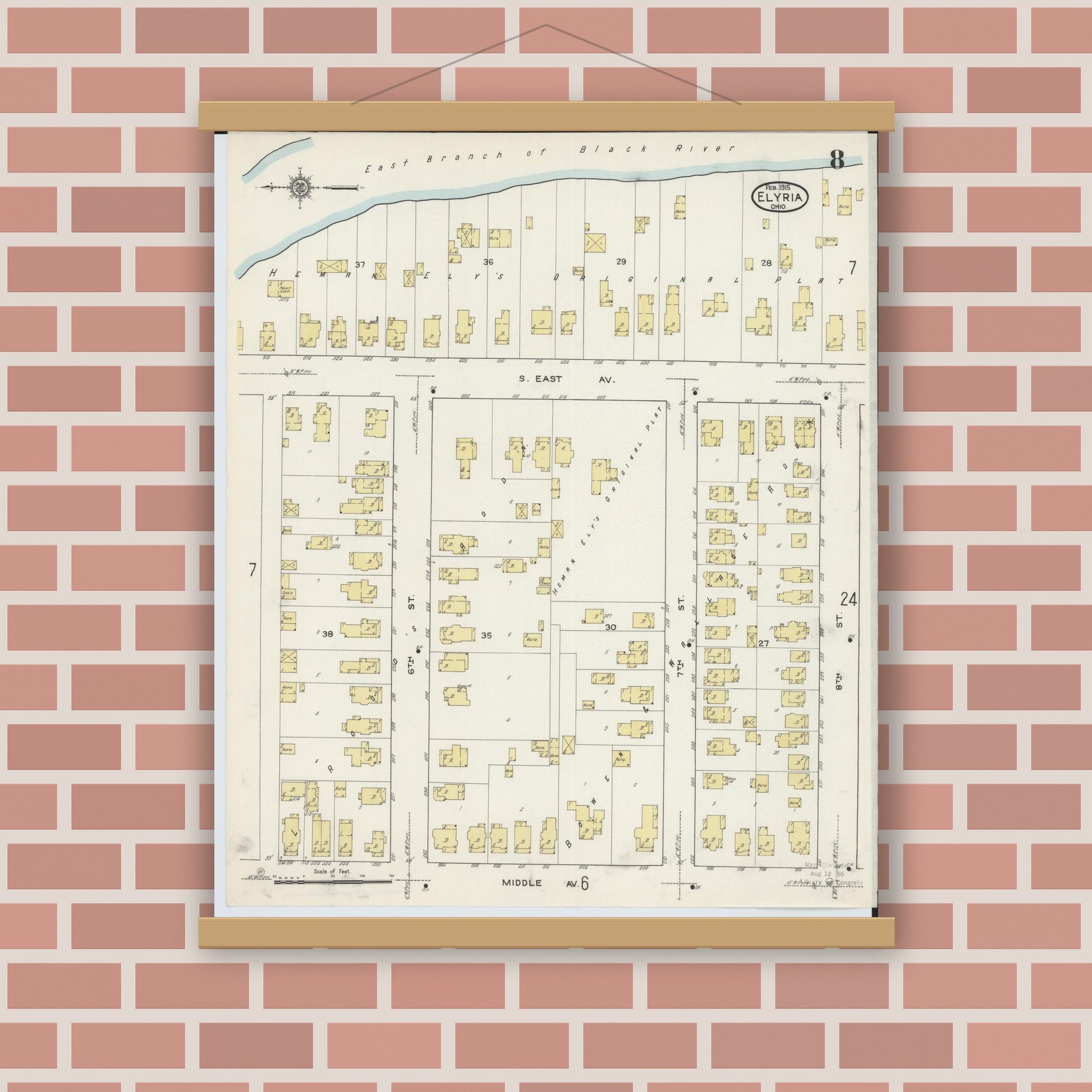 Old map wall art mockup — magnetic wood frame on brick wall — Sanborn Fire Insurance Map from Elyria, Lorain County, Ohio (1915), Sheet #0008