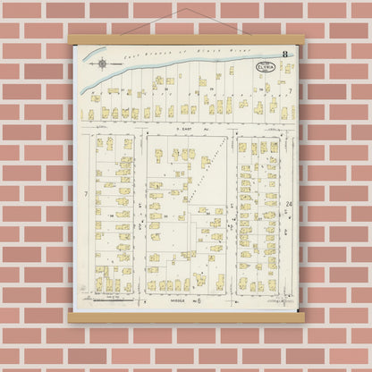 Old map wall art mockup — magnetic wood frame on brick wall — Sanborn Fire Insurance Map from Elyria, Lorain County, Ohio (1915), Sheet #0008