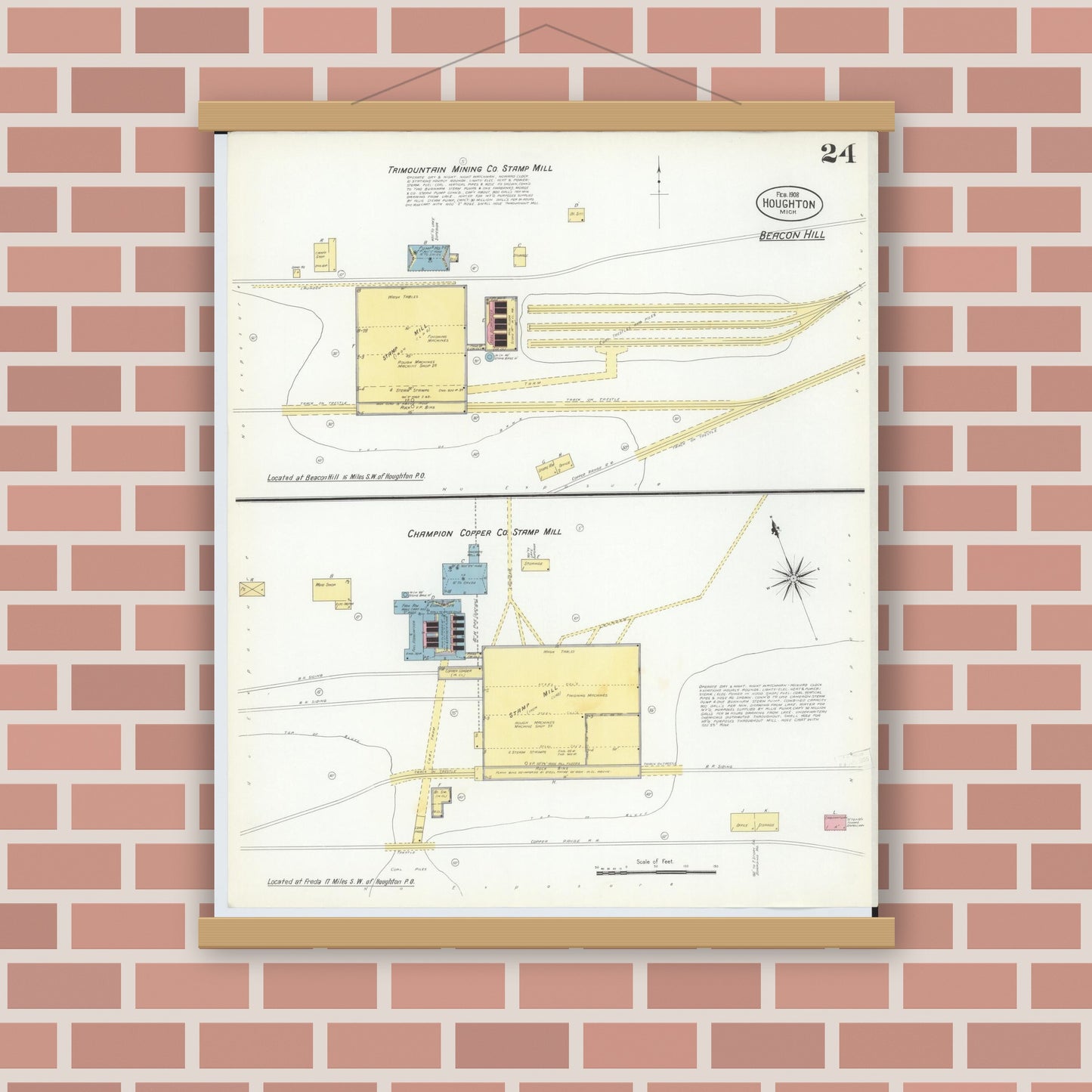 Old map wall art mockup — magnetic wood frame on brick wall — Sanborn Fire Insurance Map from Houghton, Houghton County, Michigan (1908), Sheet #0024