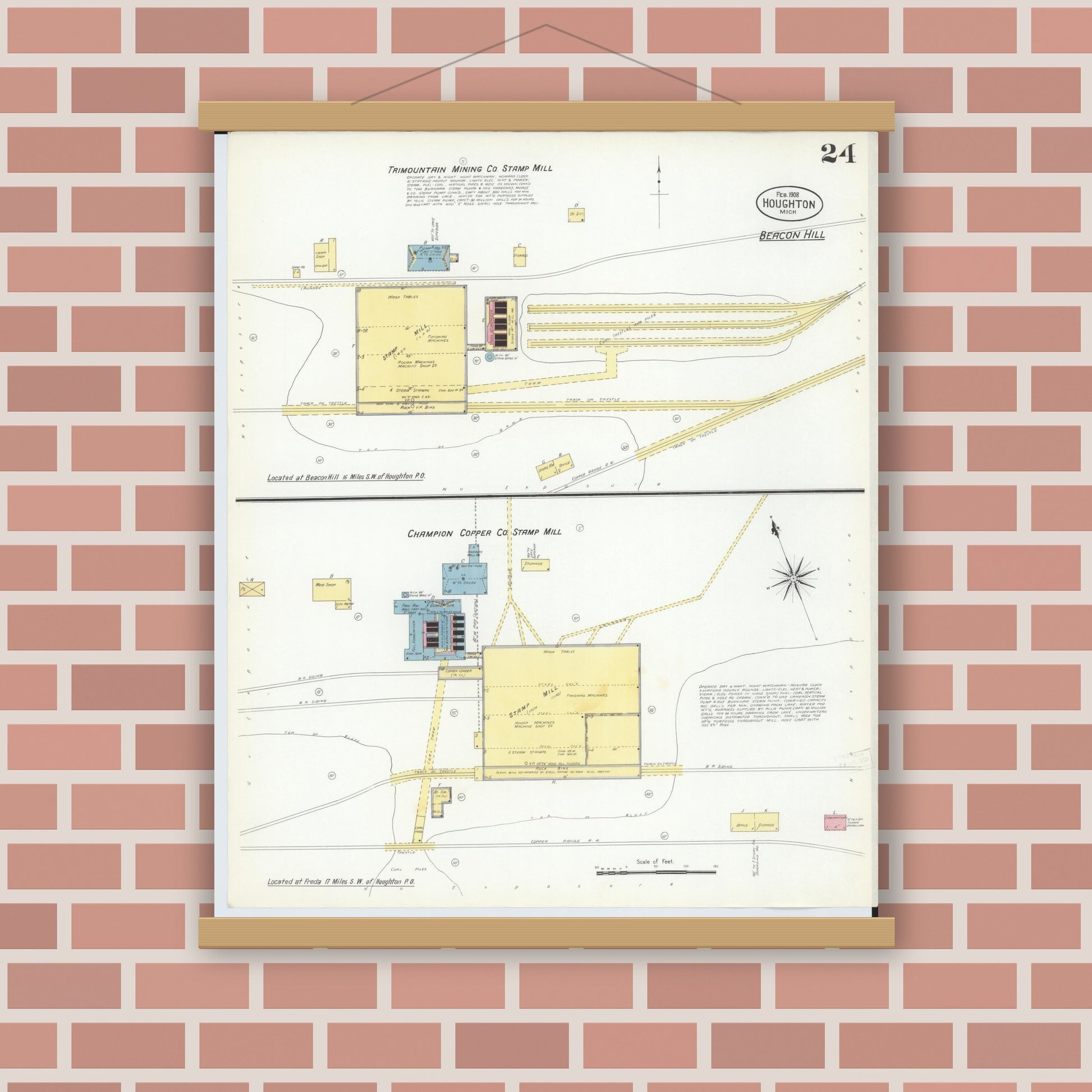 Old map wall art mockup — magnetic wood frame on brick wall — Sanborn Fire Insurance Map from Houghton, Houghton County, Michigan (1908), Sheet #0024