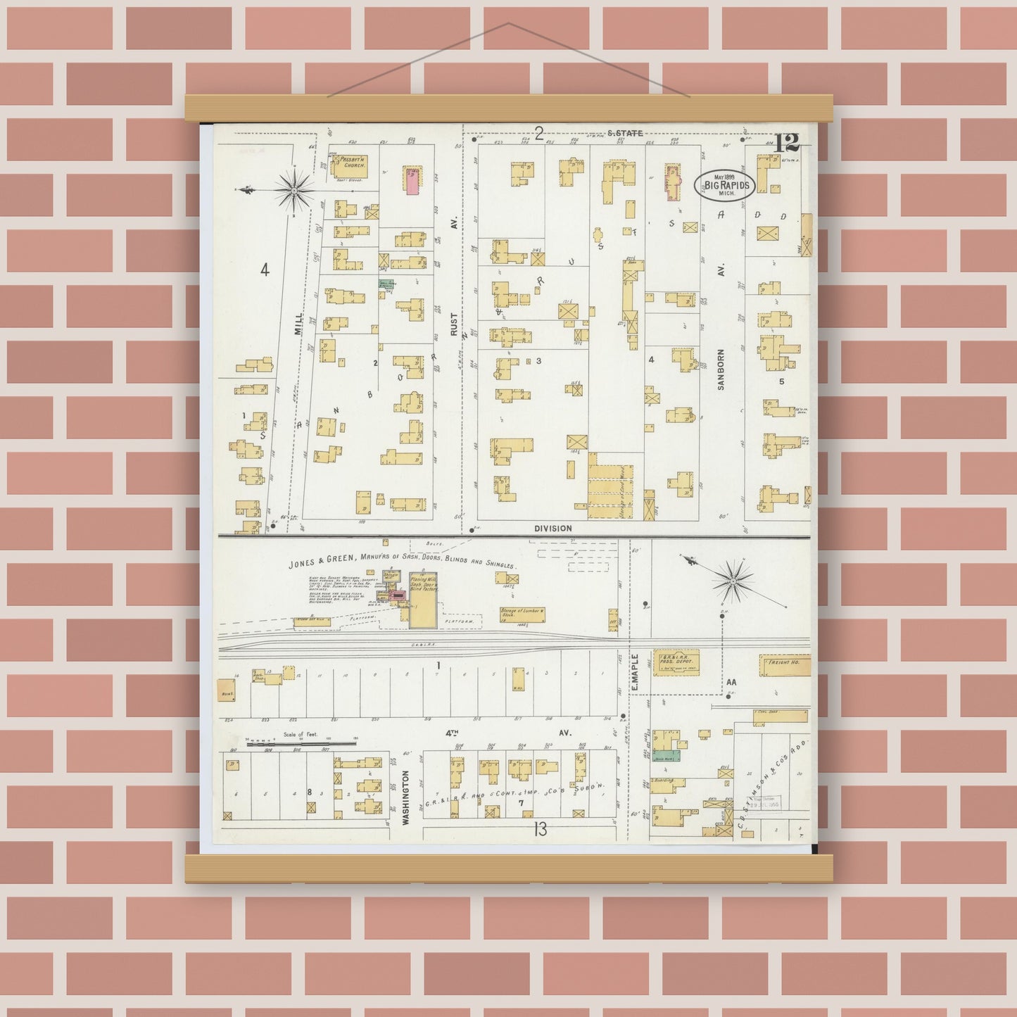 Old map wall art mockup — magnetic wood frame on brick wall — Sanborn Fire Insurance Map from Big Rapids, Mecosta County, Michigan (1899), Sheet #0012