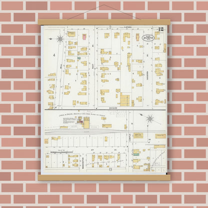 Old map wall art mockup — magnetic wood frame on brick wall — Sanborn Fire Insurance Map from Big Rapids, Mecosta County, Michigan (1899), Sheet #0012