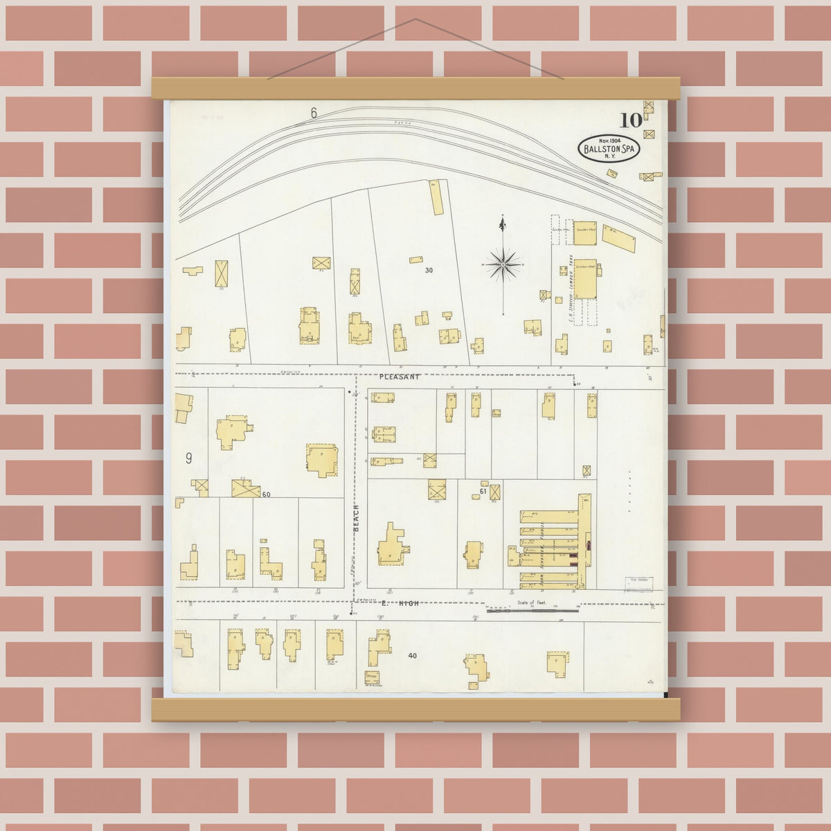 Old map wall art mockup — magnetic wood frame on brick wall — Sanborn Fire Insurance Map from Ballston Spa, Saratoga County, New York (1904), Sheet #0010