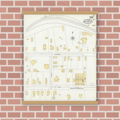 Old map wall art mockup — magnetic wood frame on brick wall — Sanborn Fire Insurance Map from Ballston Spa, Saratoga County, New York (1904), Sheet #0010