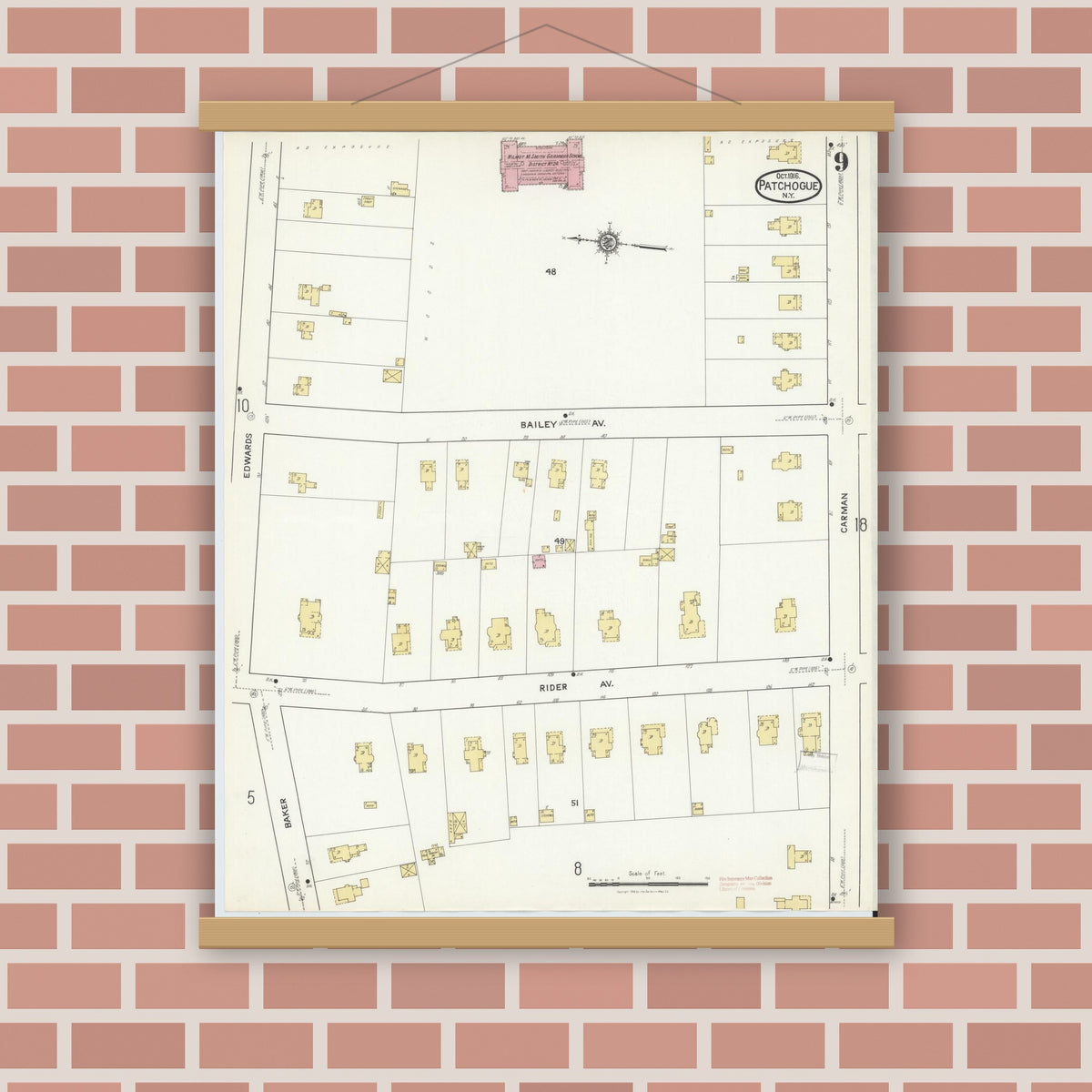 Old map wall art mockup — magnetic wood frame on brick wall — Sanborn Fire Insurance Map from Patchogue, Suffolk County, New York (1916), Sheet #0009