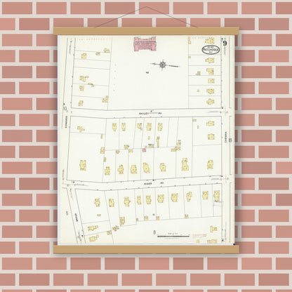 Old map wall art mockup — magnetic wood frame on brick wall — Sanborn Fire Insurance Map from Patchogue, Suffolk County, New York (1916), Sheet #0009