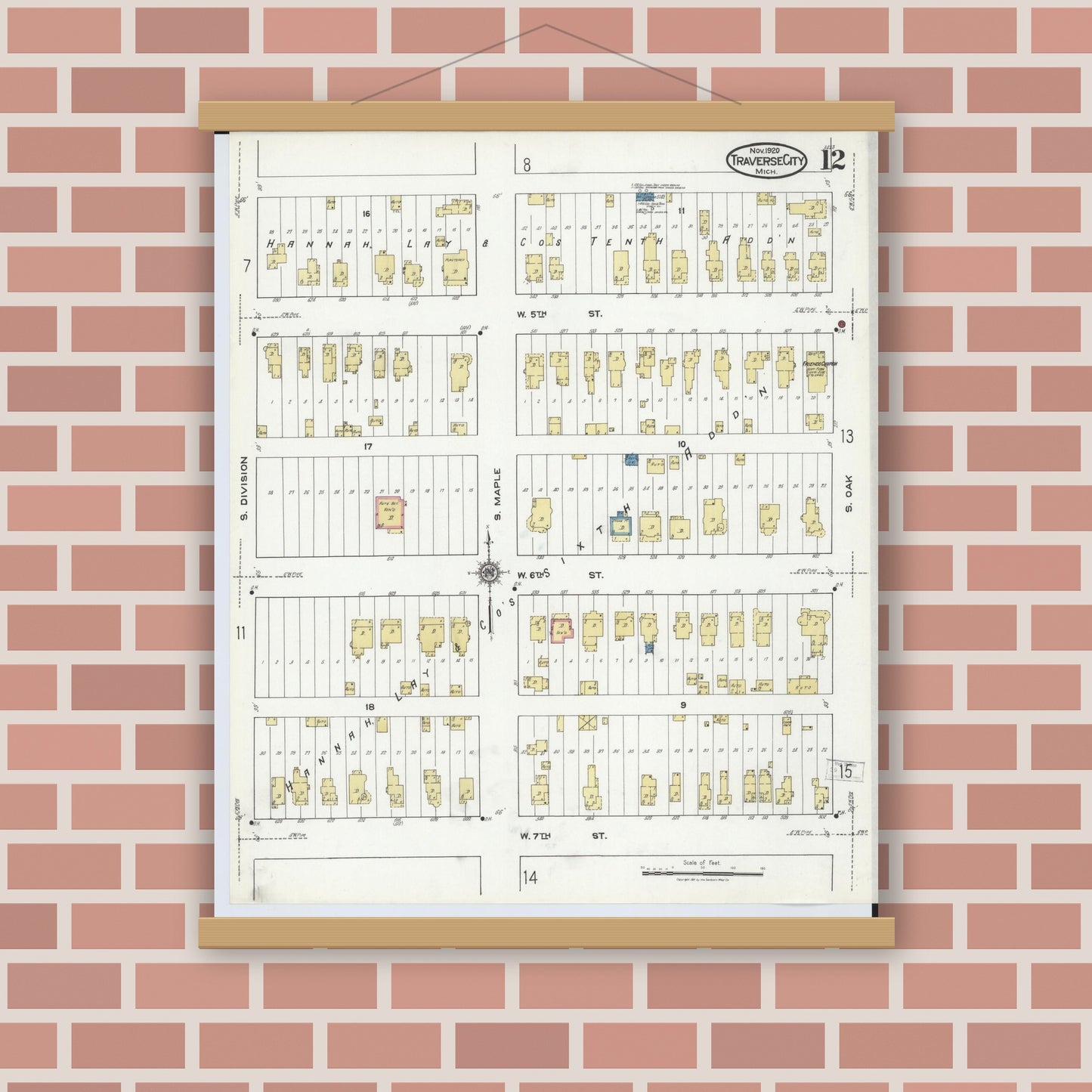 Old map wall art mockup — magnetic wood frame on brick wall — Sanborn Fire Insurance Map from Traverse City, Grand Traverse County, Michigan (1920), Sheet #0012