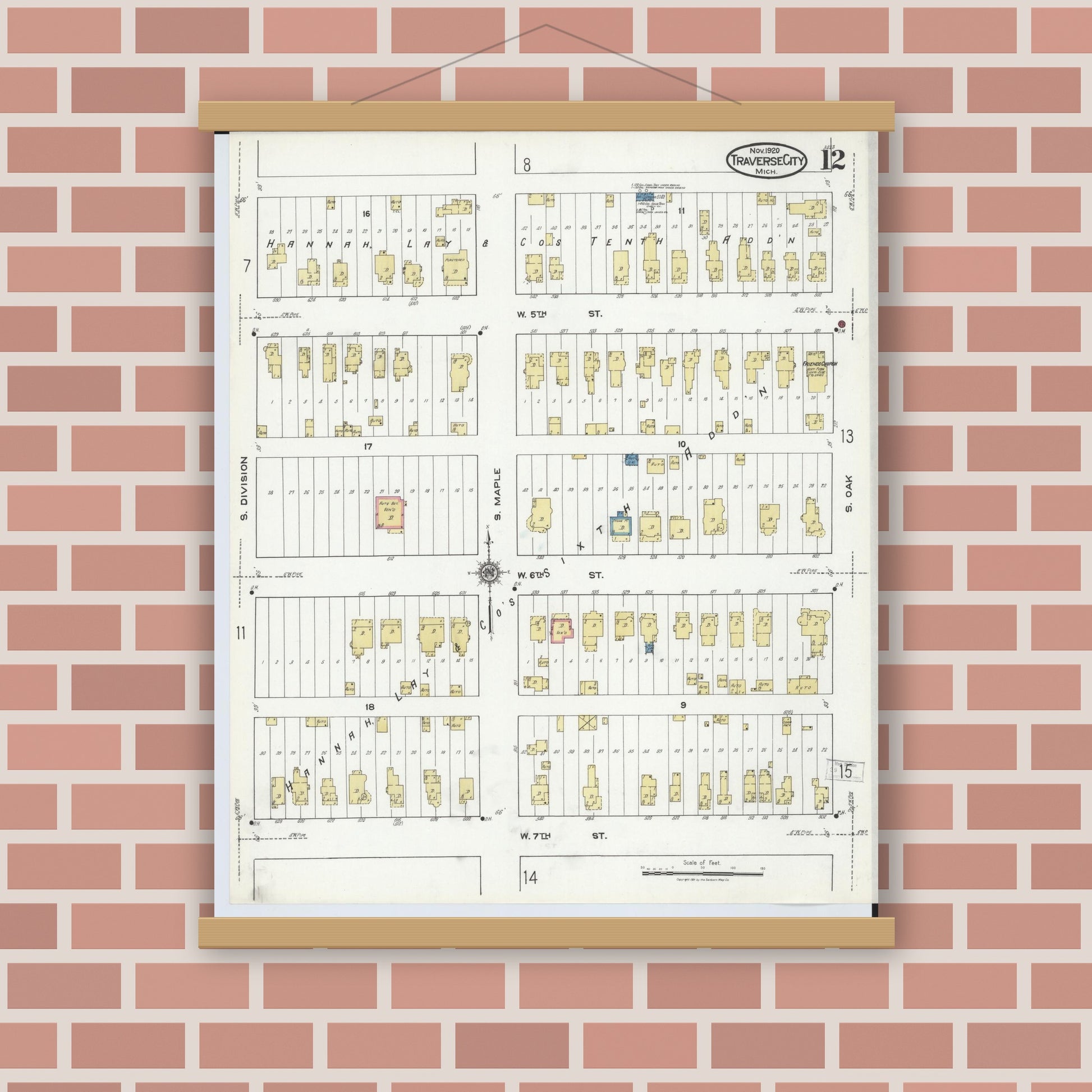 Old map wall art mockup — magnetic wood frame on brick wall — Sanborn Fire Insurance Map from Traverse City, Grand Traverse County, Michigan (1920), Sheet #0012