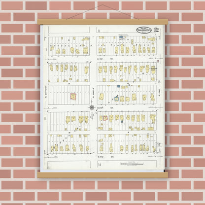 Old map wall art mockup — magnetic wood frame on brick wall — Sanborn Fire Insurance Map from Traverse City, Grand Traverse County, Michigan (1920), Sheet #0012