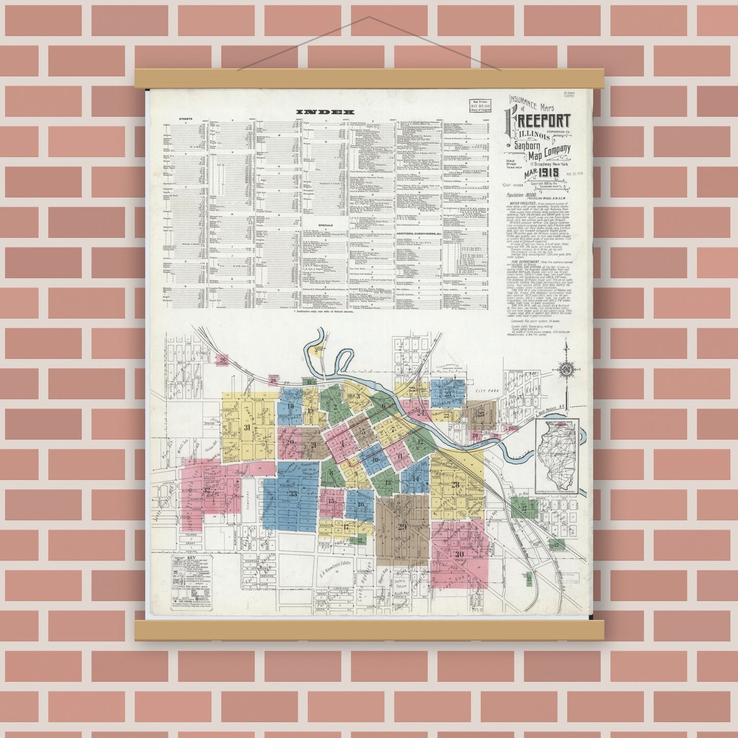 Old map wall art mockup — magnetic wood frame on brick wall — Sanborn Fire Insurance Map from Freeport, Stephenson County, Illinois (1918) - Complete Map Set