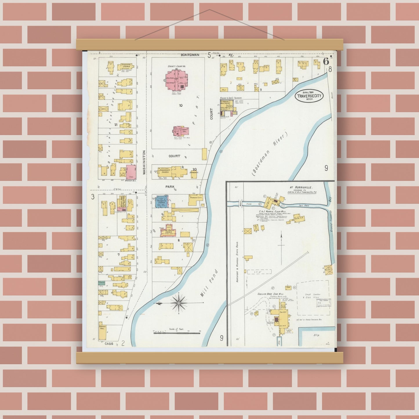 Old map wall art mockup — magnetic wood frame on brick wall — Sanborn Fire Insurance Map from Traverse City, Grand Traverse County, Michigan (1904), Sheet #0006