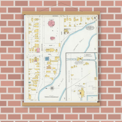 Old map wall art mockup — magnetic wood frame on brick wall — Sanborn Fire Insurance Map from Traverse City, Grand Traverse County, Michigan (1904), Sheet #0006