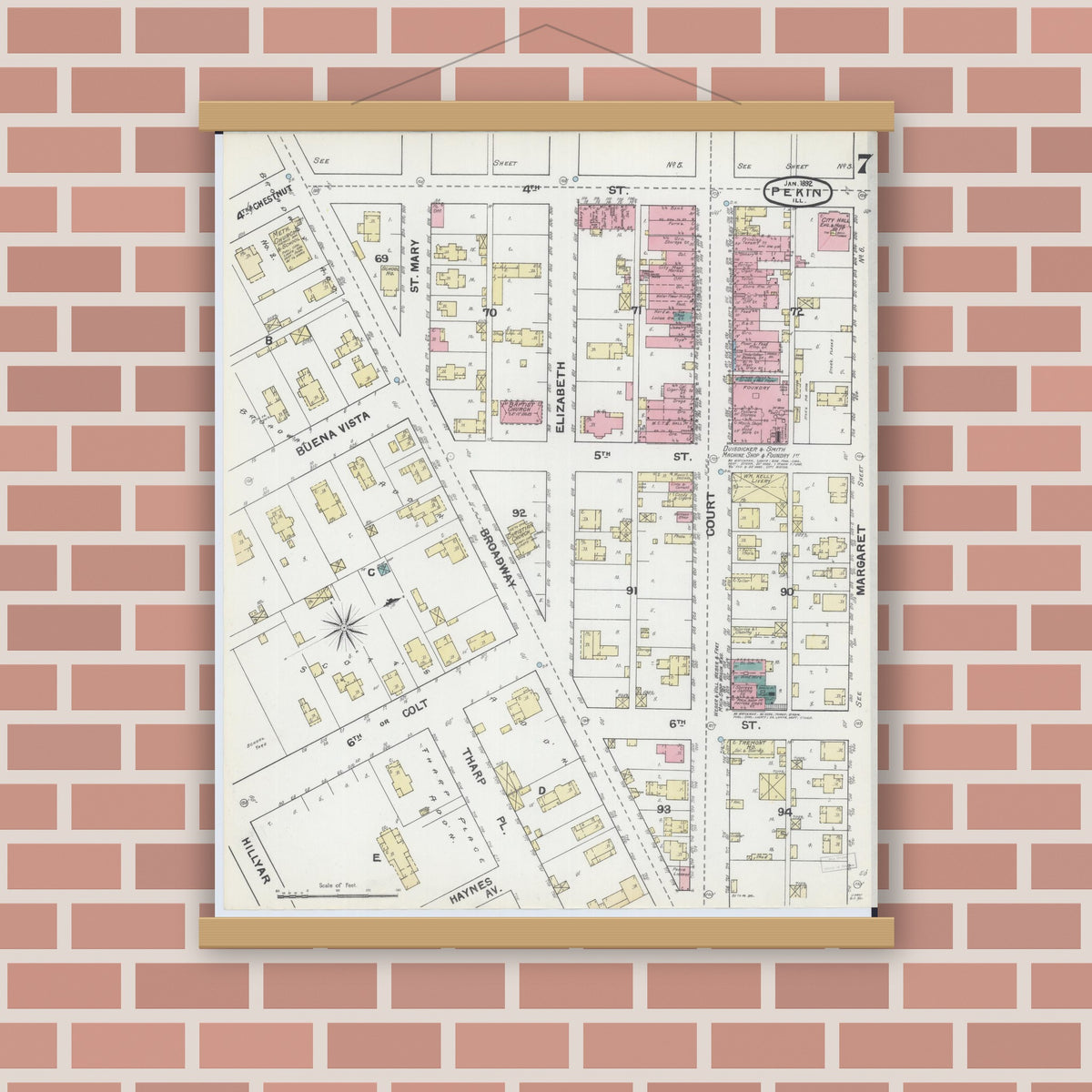 Old map wall art mockup — magnetic wood frame on brick wall — Sanborn Fire Insurance Map from Pekin, Tazewell County, Illinois (1892), Sheet #0007