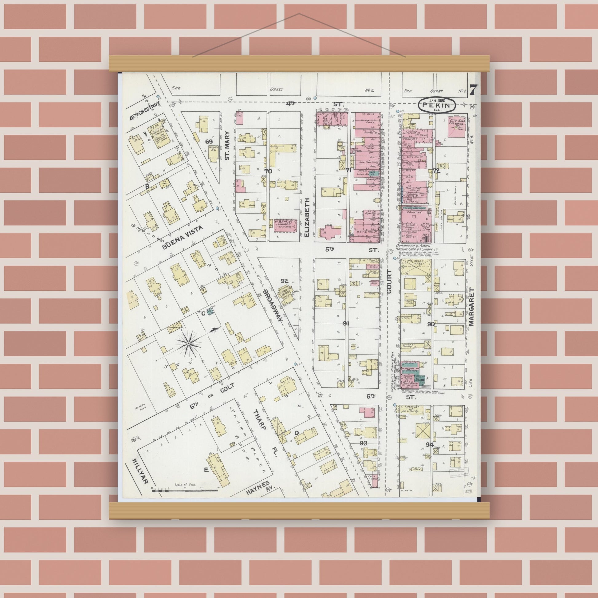 Old map wall art mockup — magnetic wood frame on brick wall — Sanborn Fire Insurance Map from Pekin, Tazewell County, Illinois (1892), Sheet #0007