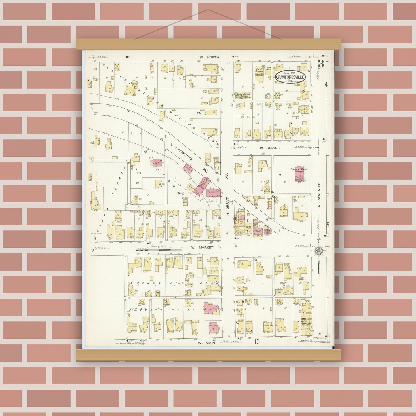 Old map wall art mockup — magnetic wood frame on brick wall — Sanborn Fire Insurance Map from Crawfordsville, Montgomery County, Indiana (1913), Sheet #0003